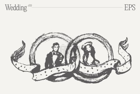 Illustration for Bride and groom in wedding bands. Conceptual hand drawn vector illustration, sketch. Vector illustration - Royalty Free Image
