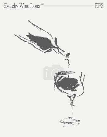 Téléchargez les illustrations : Du vin coulant d'une bouteille dans un verre. Illustration vectorielle dessinée main. Croquis isolé. Illustration vectorielle - en licence libre de droit