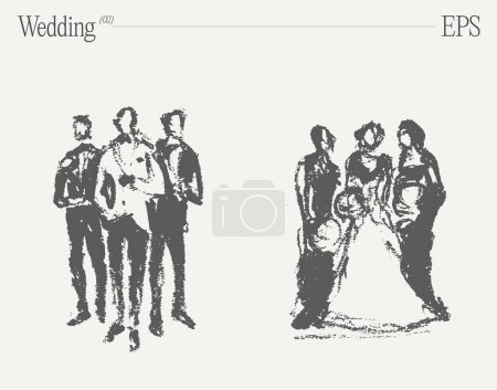 Ilustración de Amigos del novio y de la novia en la ceremonia de boda. Ilustración vectorial dibujada a mano, boceto. Ilustración vectorial - Imagen libre de derechos