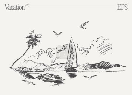 Téléchargez les illustrations : Un voilier de dessin animé sur une plage tropicale, entouré de palmiers et de mouettes, avec de l'eau pétillante. - en licence libre de droit