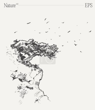 Ilustración de Ilustración monocromática de un árbol en un acantilado, rodeado de pájaros, creada a través del dibujo gestual con una estética de artes visuales. - Imagen libre de derechos