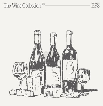 Illustration for An artistic portrayal consisting of bottles of wine, glasses of wine, and grapes on a table. A delightful presentation of drinkware and barware showcasing alcoholic beverages with an artistic touch. - Royalty Free Image