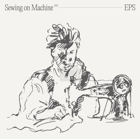 Illustration for A monochromatic illustration of a woman sewing with a vintage sewing machine. Her jaw clenched in concentration, she wears a stylish headgear hat, capturing the art of sewing - Royalty Free Image