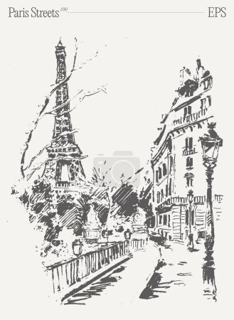 Illustration for A monochrome drawing of the iconic Eiffel Tower in Paris, showcasing its intricate spire and medieval architecture. The detailed facade and bold lines make it a stunning piece of art - Royalty Free Image