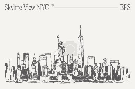Téléchargez les illustrations : Un dessin détaillé capturant la silhouette emblématique de New York, avec des gratte-ciel, la Statue de la Liberté au premier plan, et les rues animées de la ville remplies de gens - en licence libre de droit