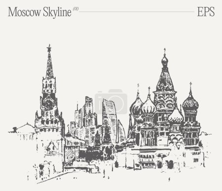 Eine detaillierte Schwarz-Weiß-Zeichnung der Moskauer Skyline mit ikonischen Gebäuden, Wolkenkratzern und städtischem Design mit komplizierten Details an jeder Fassade, jedem Kirchturm und jeder Turmspitze