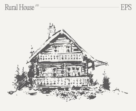 Illustration for A detailed black and white drawing of a log cabin with a balcony, sitting on a sloped terrain surrounded by trees and grass. The facade features a triangular roof and multiple windows - Royalty Free Image