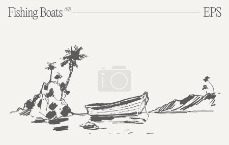 Dessin artistique d'un bateau sur une plage de sable avec des palmiers, capturant le paysage serein avec des troncs d'arbres détaillés et des brindilles
