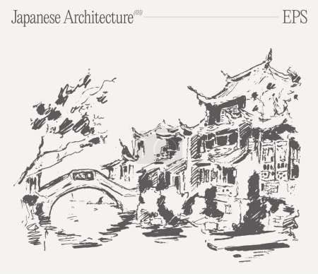 Eine monochrome Zeichnung eines japanischen Gebäudes mit einer Brücke über einen Fluss, die städtebauliches Design und historische Architektur präsentiert