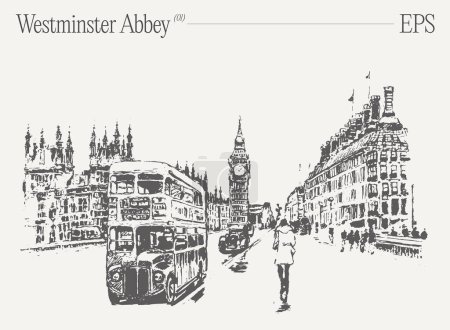 Téléchargez les illustrations : Illustration monochrome d'un bus à deux étages à Londres, sur fond de gratte-ciel et de design urbain. La police audacieuse dans le bus ajoute à l'atmosphère vibrante des villes - en licence libre de droit