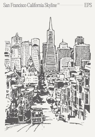 Téléchargez les illustrations : Une œuvre d'art de design urbain en noir et blanc avec un horizon de la ville avec des gratte-ciel, des tours et un chariot au premier plan - en licence libre de droit