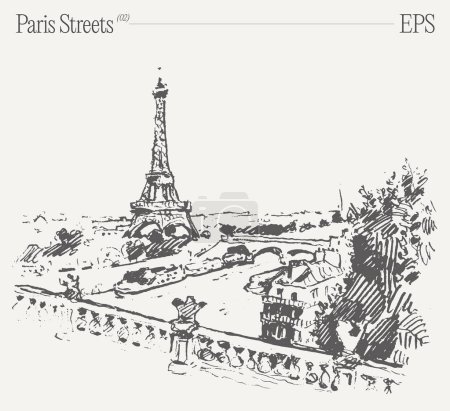 Eine monochrome Zeichnung des ikonischen Eiffelturms in Paris, der seine komplexe Turmspitze und mittelalterliche Architektur zur Schau stellt. Die detaillierte Fassade und die kühnen Linien machen es zu einem atemberaubenden Kunstwerk