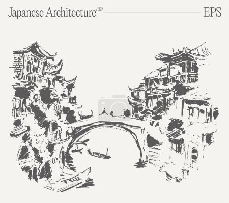 Eine monochrome Zeichnung eines japanischen Gebäudes mit einer Brücke über einen Fluss, die städtebauliches Design und historische Architektur präsentiert