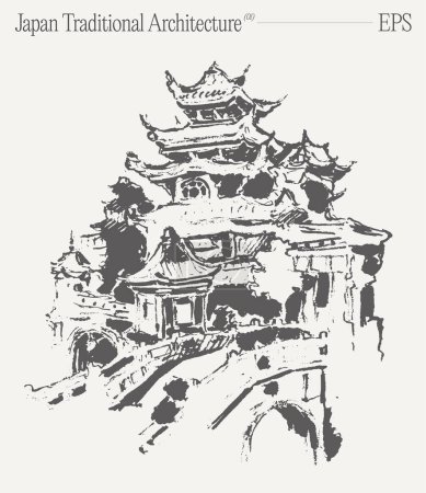 Ilustración de Un dibujo monocromo de un edificio japonés con un puente sobre un río, que muestra el diseño urbano y la arquitectura histórica - Imagen libre de derechos