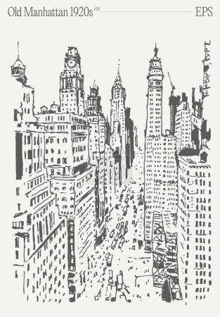Téléchargez les illustrations : Vieux Manhattan des années 1920. New York skyline. Illustration vectorielle dessinée à la main, dessin - en licence libre de droit