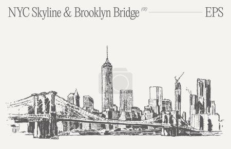 Ilustración de Un dibujo detallado que captura el icónico horizonte de la ciudad de Nueva York, con rascacielos, Brooklyn Bridge en primer plano - Imagen libre de derechos