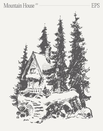 Illustration for A rectangular building in a black and white art, nestled amidst a forest of evergreen trees including pines and larches. - Royalty Free Image