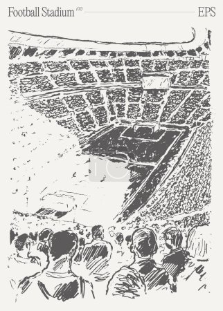 Illustration for A crowd of fans is gathered in a stadium to watch a soccer game, creating a parallel urban design with a monochrome color palette and geometric patterns inspired by triangles in the stands - Royalty Free Image