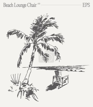 Sillón de playa a orillas del mar. Ilustración vectorial dibujada a mano, boceto. Ilustración vectorial