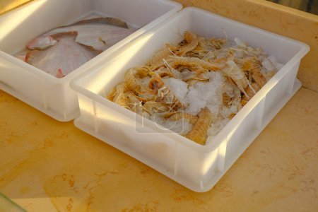 Photo for Boxes full of fresh fish and ice close-up. Fish and seafood market in Senigallia, Italy. Raw fish - Royalty Free Image