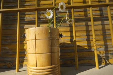 Margaritas en el jarrón de madera a través de viejas persianas de madera amarillas a la luz del sol. Fondo rústico