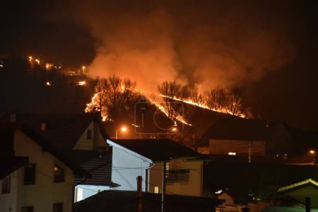Fotos von Feuer in der Nähe von Häusern in der Nacht. Naturkatastrophe.