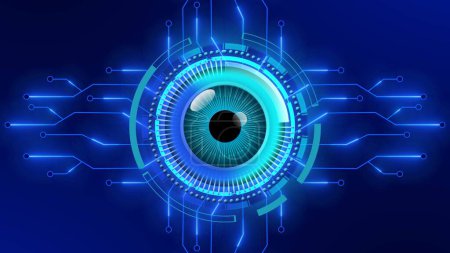 Electronic eye in HUD circle element between information connecting lines - futuristic digital circuit background - 3D Illustration
