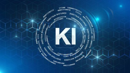 Foto de Concepto de tecnología de inteligencia artificial IA (en alemán - Kuenstliche Intelligenz KI) - código binario y letras dispuestas en círculo sobre fondo de patrón de cubo gráfico - Ilustración 3D - Imagen libre de derechos