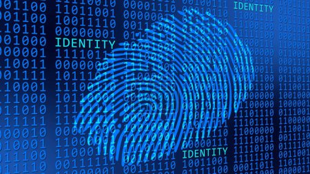 IDENTITY Fingerabdruck auf binärem Code-Hintergrund - Scannen von Identifikationssystemen durch biometrische Autorisierung - Cyber- oder Business-Sicherheitskonzept - 3D-Illustration