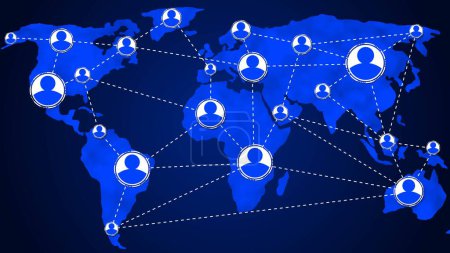 Konzept der Vernetzung von sozialen Netzwerken und Geschäftsteams und der Kommunikation vernetzter Menschen über den Hintergrund der Weltkarte - 3D-Illustration