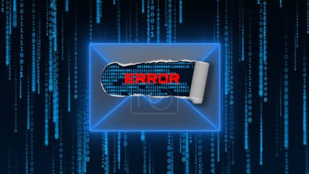 ERROR lettering in ripped cutout of symbolic email envelope over background with random hanging rows of binary code - web security concept - 3D Illustration