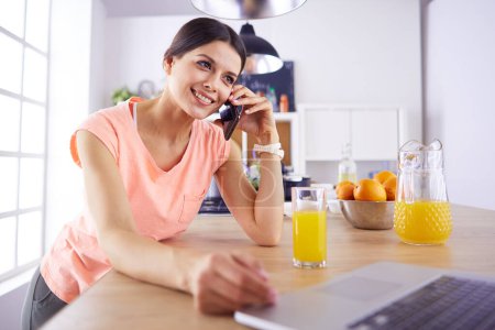 Téléchargez les photos : Jeune femme dans la cuisine avec ordinateur portable à la recherche de recettes, souriant. Concept de blogueur alimentaire. - en image libre de droit