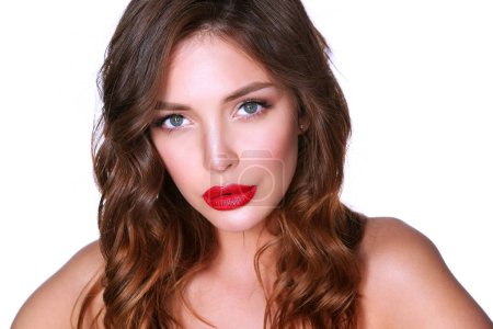 Photo for Beautiful woman skin with red lips on white background. - Royalty Free Image