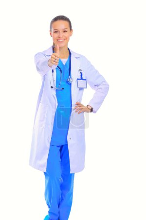 Photo for Beautiful young woman in white coat posing with hand in pocket. Woman doctor. - Royalty Free Image
