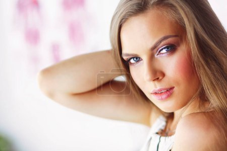 Photo for Beautiful woman face close up studio on white. - Royalty Free Image