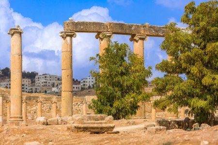 Téléchargez les photos : Jerash, Jordanie, place avec rangée de colonnes de Forum Plaza ovale sur le site archéologique, ruines de la période grecque et romaine - en image libre de droit
