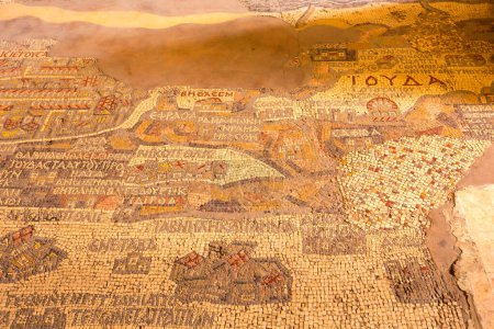 Photo for Madaba, Jordan - November 5, 2022: Interior 6th century mosaic map of the Holy Land on the floor of the Greek Orthodox Basilica of St. George - Royalty Free Image