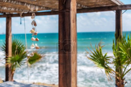 Téléchargez les photos : Décoration de coquillages suspendus de style nautique, fond de vacances en mer d'été - en image libre de droit
