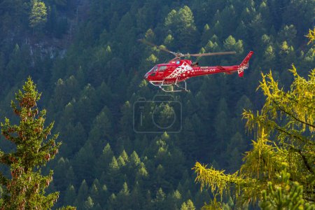 Téléchargez les photos : Zermatt, Suisse - 7 octobre 2019 : hélicoptère Zermatt rouge air et pins - en image libre de droit