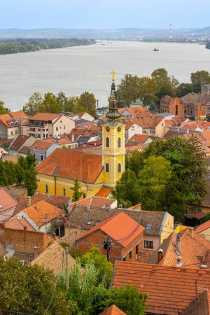 Belgrade, Serbia panoramic view from Gardos, Zemun, with Saint Nicholas church and Danube river in summer