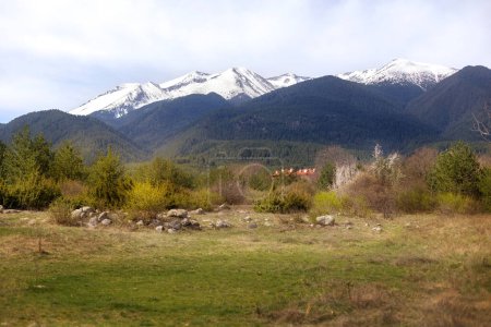 Bansko, Bulgaria spring woods and Pirin snow mountain peaks, panorama of bulgarian all season resort