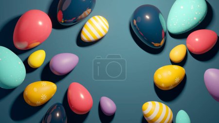 Foto de Un gran grupo de coloridos huevos de Pascua choclados yacían sobre un fondo azul. Ilustración 3D - Imagen libre de derechos