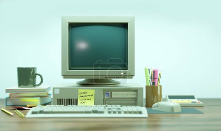 Photo for Office room with a classic 1990's desktop computer. 3d Illustration - Royalty Free Image