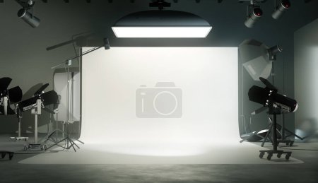 Photo for A photo studio room with a white plain backdrop and various lighting equipment. 3D illustration. - Royalty Free Image