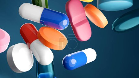 Photo for Falling Medicine pills and capsules close up. 3D illustration. - Royalty Free Image
