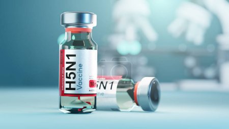 Téléchargez les photos : Flacon de vaccin H5N1, concept de développement de la vaccination contre la grippe aviaire. Illustration 3D. - en image libre de droit