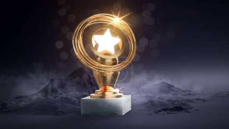Foto de Premio Trofeo Estrella de Oro. Ganador y ceremonia de logro. Ilustración 3D - Imagen libre de derechos