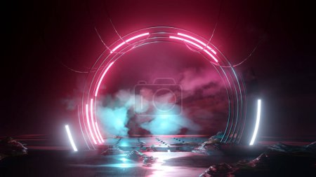 Neon glowing lights on a round futuristic podium stage background. 3D illustration.
