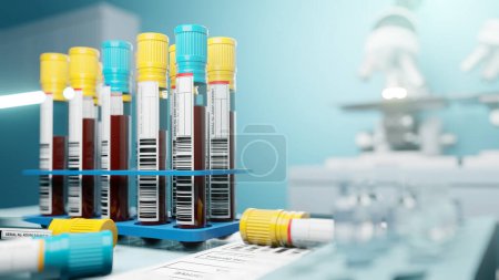 Foto de Filas de muestras de sangre en un laboratorio que se están examinando y analizando para uso médico. Ilustración 3D - Imagen libre de derechos