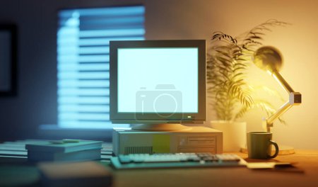 Téléchargez les photos : Scène de bureau à domicile avec un PC de bureau classique des années 1990. Illustration 3D - en image libre de droit